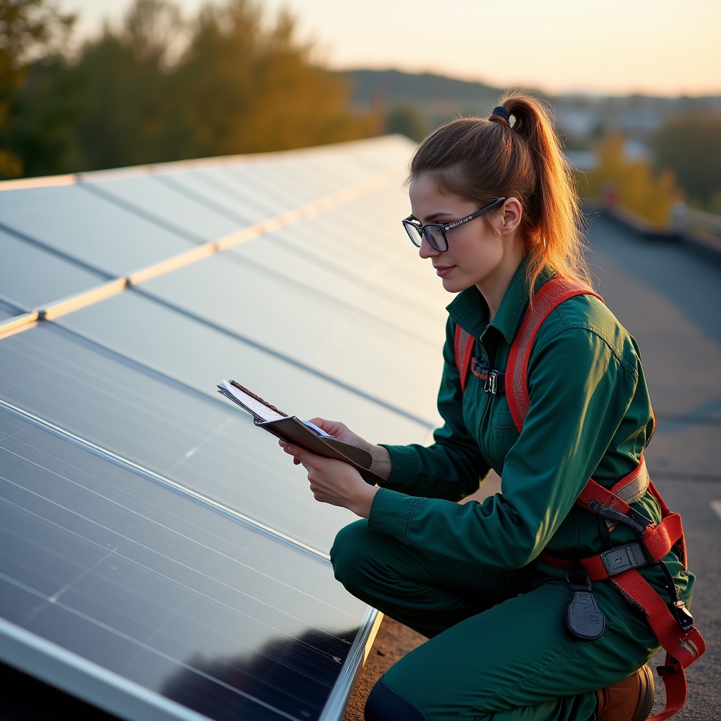 Operatore che ispeziona moduli fotovoltaici su tetto inclinato con attrezzatura di sicurezza