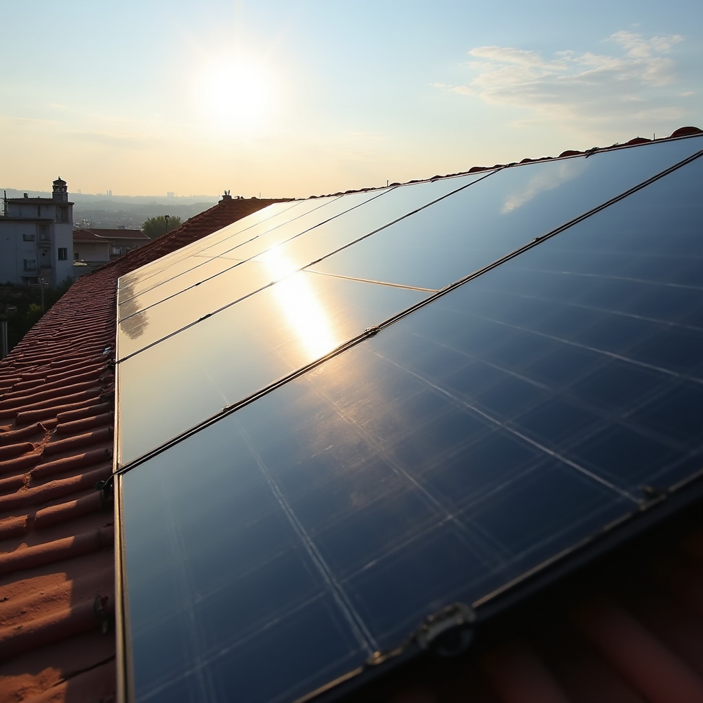 Pannelli fotovoltaici puliti su tetto residenziale con cielo limpido