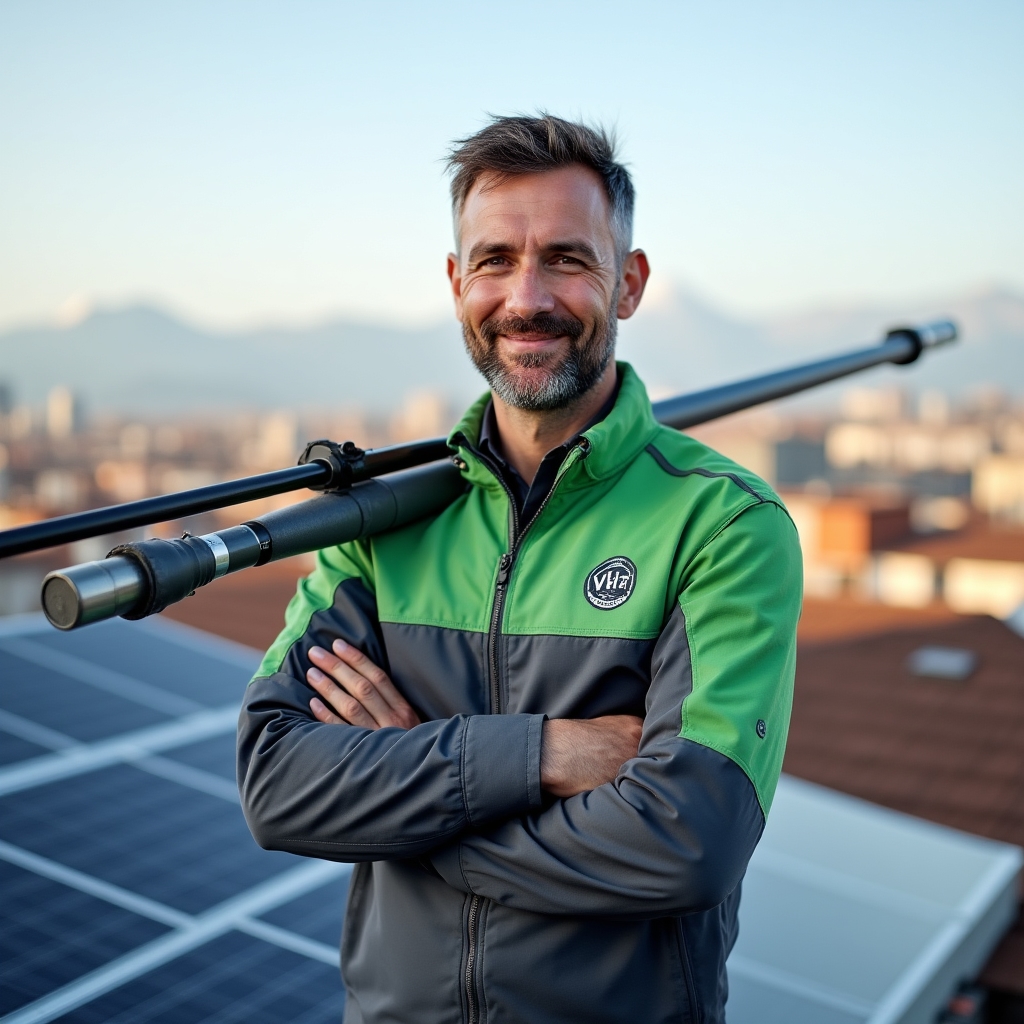 Tecnico di VororviaHub con attrezzatura per la pulizia di pannelli fotovoltaici su tetto residenziale a Torino
