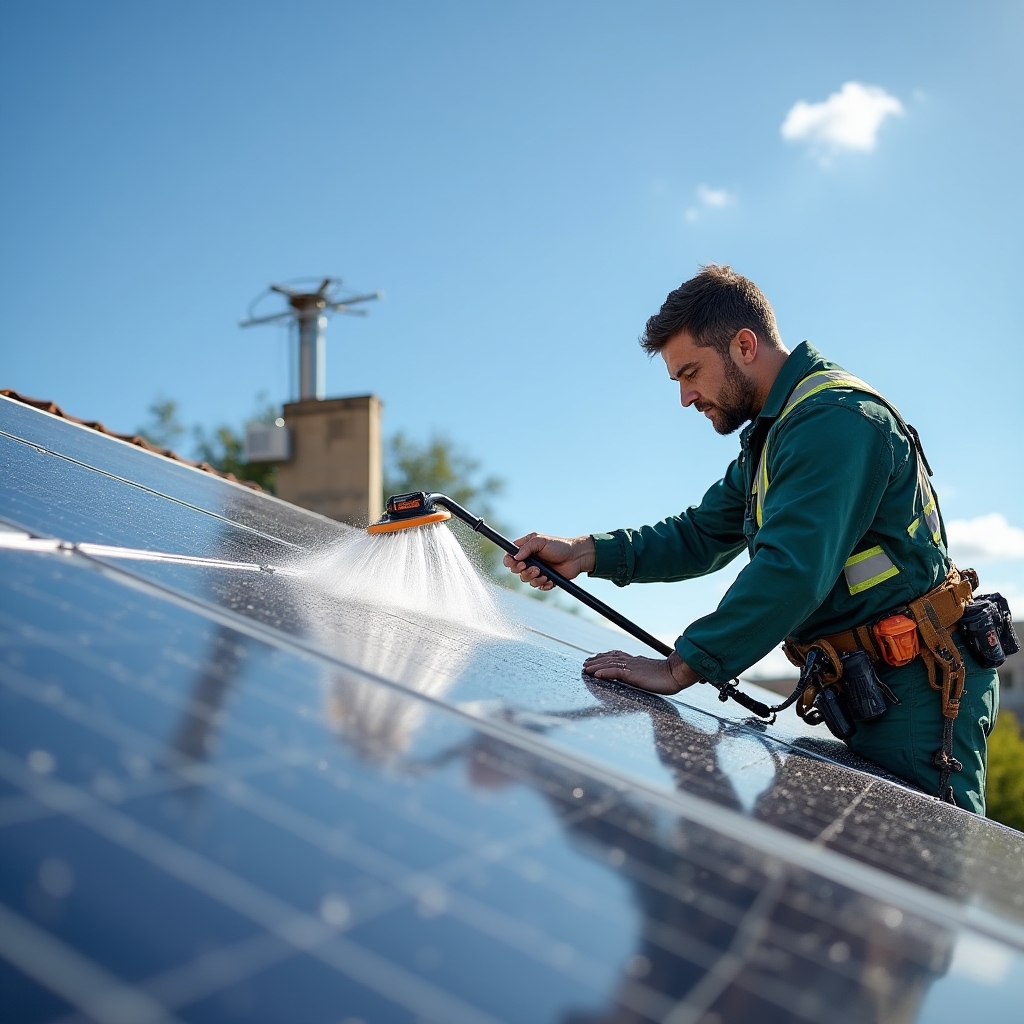 Tecnico specializzato nella pulizia di pannelli fotovoltaici di VororviaHub al lavoro su un tetto